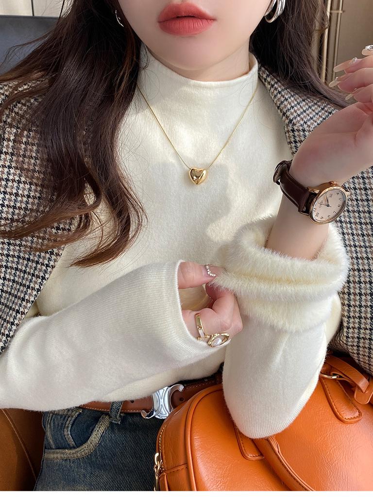 Yellow Semi-turtleneck Sweater Women's Autumn and Winter New Fleece Thickened Inner Integrated Fleece High-end Bottoming Top
