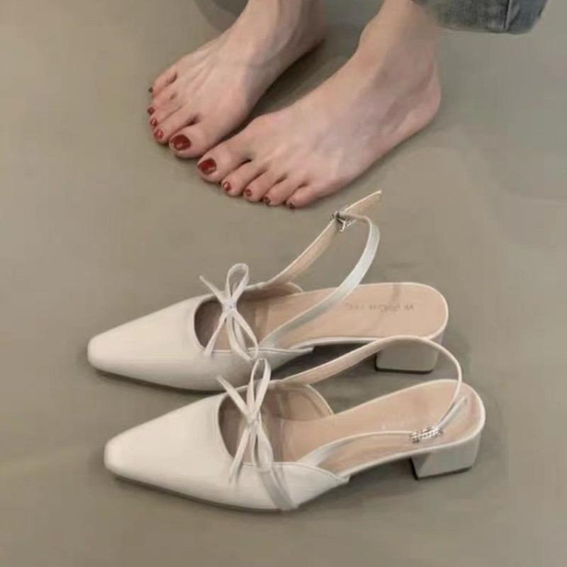 2025 Elegant Satin Butterfly Knot Head Cover Sandals Women's Pointed Toe Thick Heel One-Strap High Heels Backless Single Shoes