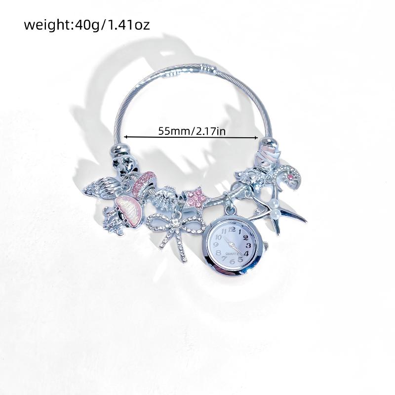 Ocean-Themed Multi-Pendant Bracelet With Watch Fashionable And Suitable For Commuting Stainless Steel Handmade Beaded Bangle