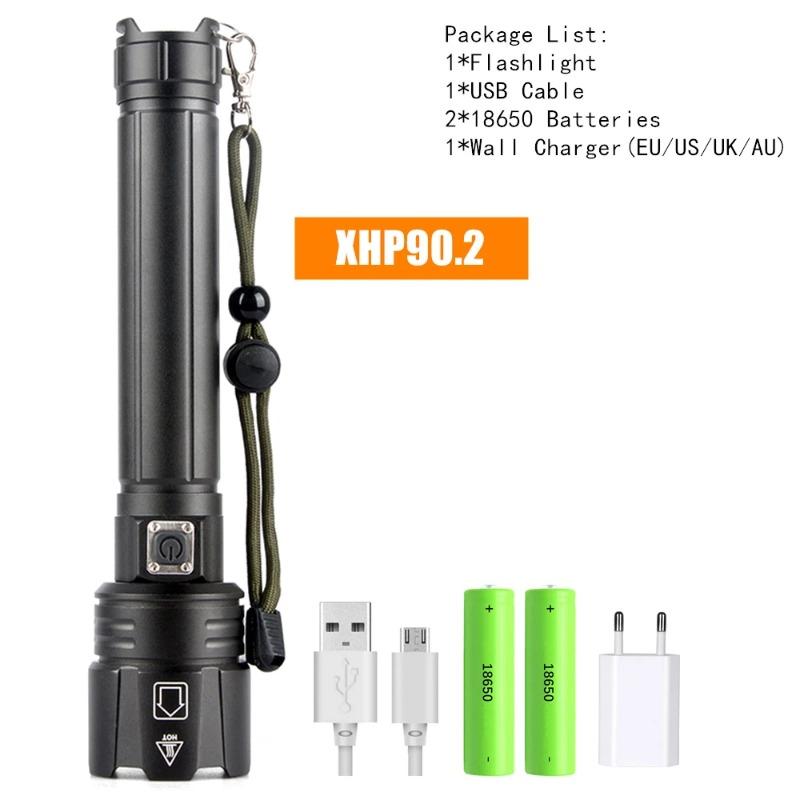 High Power XHP70 LED Flashlight Rechargeable Zoom Torch Tactical Lantern USB Charging Hand  Lamp  18650 or 26650 Battery