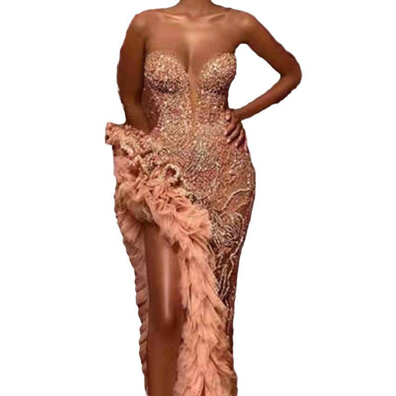 Summer New European and American Women's Clothing Annual Meeting Fringed Tail Sexy Gold Tube Top Dress Dress