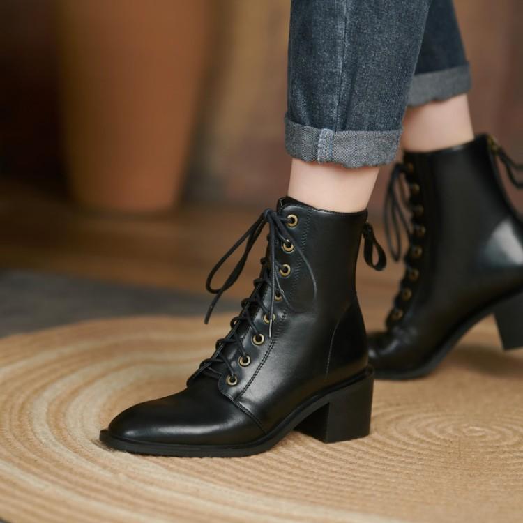 Mode Nouvelles Bottes d'Automne/Hiver en Cuir Fendu pour Femmes Bout Rond Talons Épais Bottes pour Femmes Bottines Zapatos Mujer Dentelle Talons Hauts