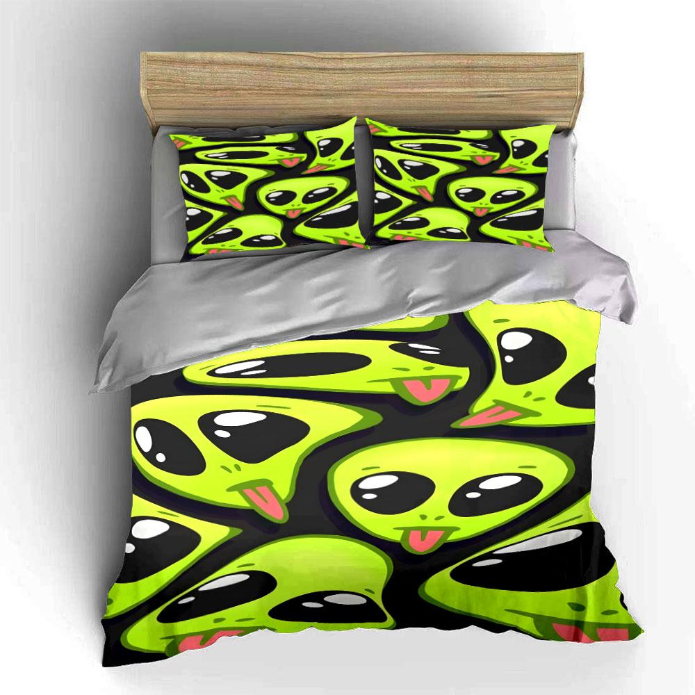 Green Alien Faces Pattern. Bedding Sets Duvet Cover Sets Duvet Covers Pillowcases(1 * Duvet Cover 2 * Pillowcases, Without Duvet Insert)
