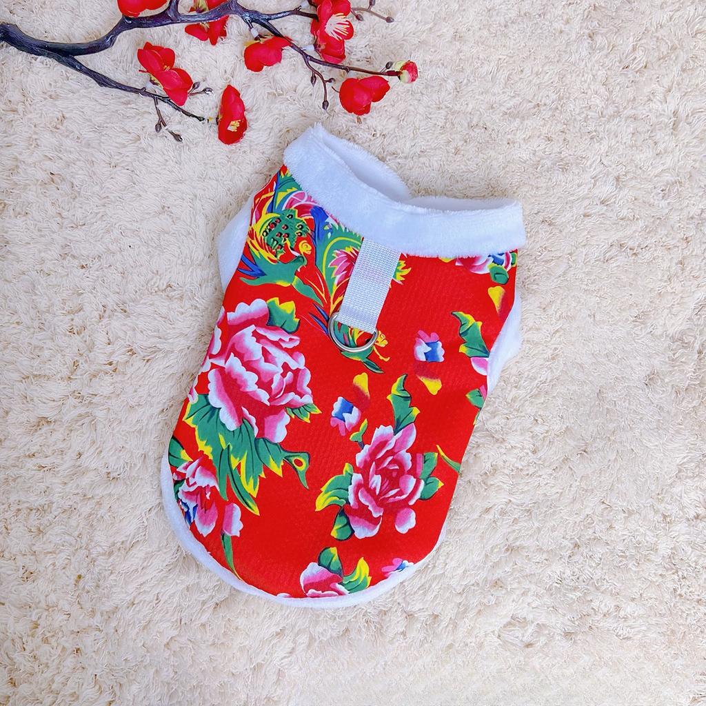 Doggy Clothes - Thickened for Autumn and Winter, Suitable for Outdoor Use. for Pets and Cats. Festive New Year Outfits with Big Flowers.