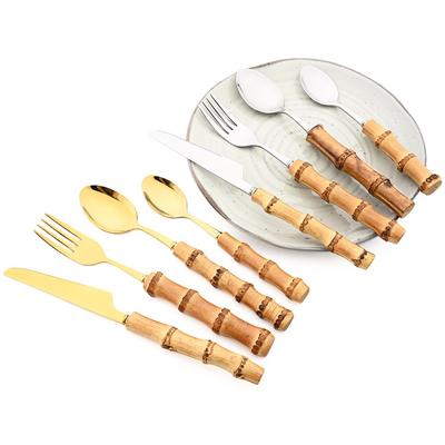 Conjunto de talheres com alça de bambu, 4 unidades, aço inoxidável, bife, faca, garfo, café, chá, colher, talheres de cozinha