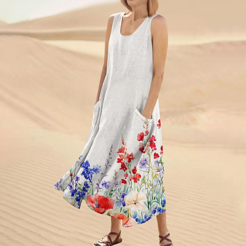 Women's Summer Casual Fashion Flower Printed Sleeveless Round Neck Pocket Dress