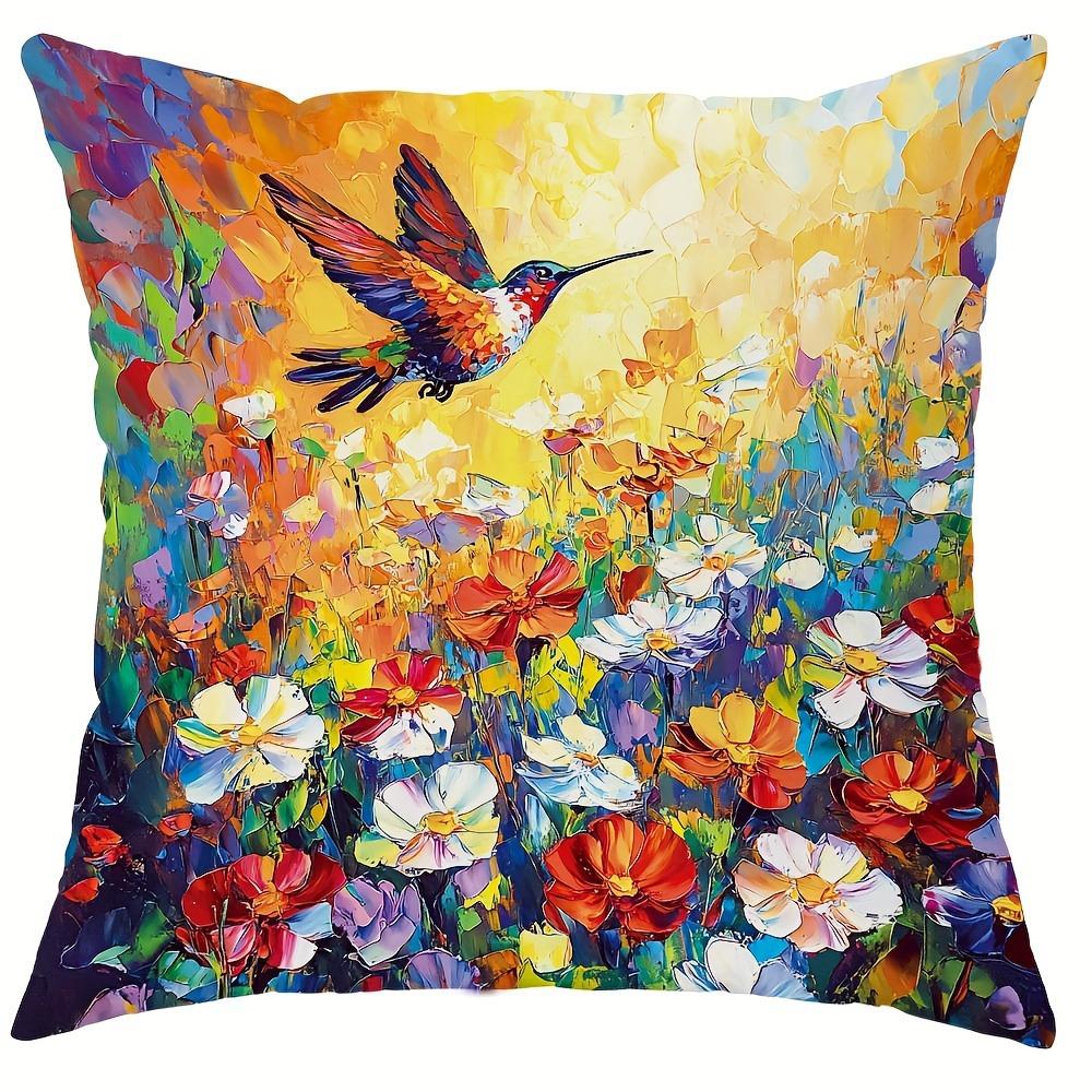 Artistic Hummingbird & Wildflower PillowcasesLiving Room Sofa Cushion Cover, Soft and Comfortable, Bedroom Room Decoration