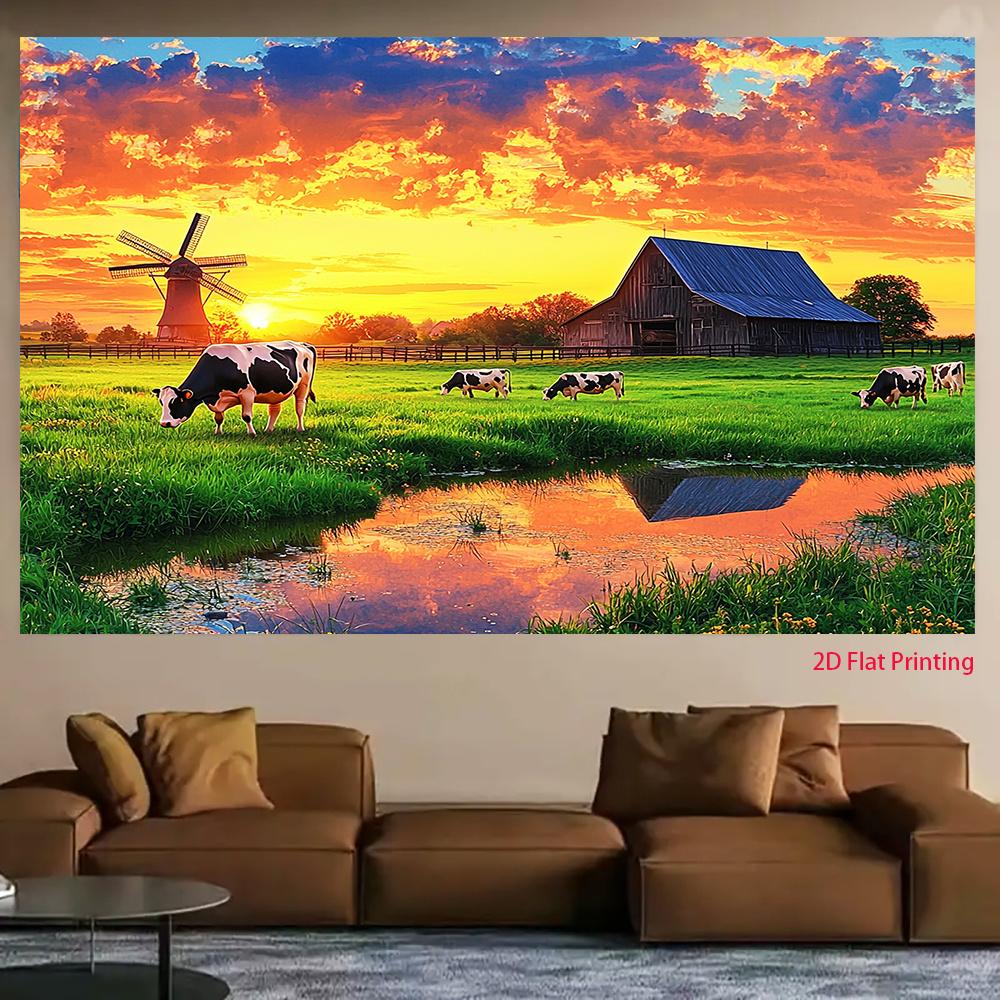 2D flat sunset cattle with windmills and barns perfect for family gatherings outdoor decoration polyester fiber