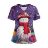 Women's Short Sleeved Christmas Printed V-neck Buttonable Side Slit Top T-shirt