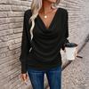 Women's Fashion Solid Color V-neck Long Sleeved Casual Pullover Base Shirt T-shirt Top
