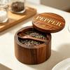 Reusable Wooden Seasoning Box Wood Salt Container with Swivel Magnetic Lid, Built-in Spoon Decorative Spice Keeper Jar, Moisture Proof for Kitchen