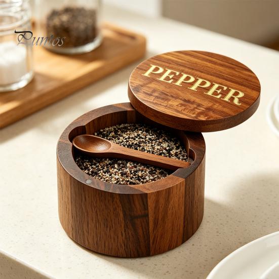 Reusable Wooden Seasoning Box Wood Salt Container with Swivel Magnetic Lid, Built-in Spoon Decorative Spice Keeper Jar, Moisture Proof for Kitchen