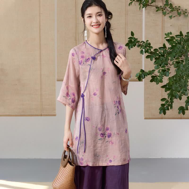 Women s New Chinese Style Ramie Midi Dress with Ink Bamboo Print F