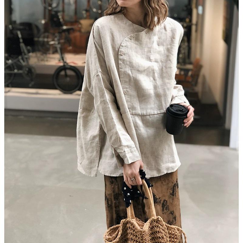 Women s Asymmetrical Slit Linen Shirt - Spring Chinese Style Long Sleeve Top L