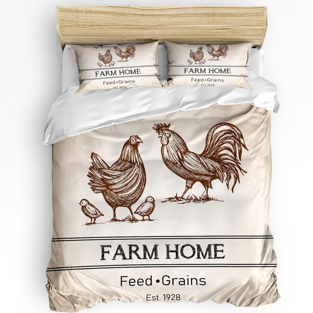 Husă de pilotă cu ilustrație retro de cocoș de fermă și față de pernă, set de lenjerie de pat personalizat cu 3 bucăți, husă de pilotă, pat dublu, textile pentru casă