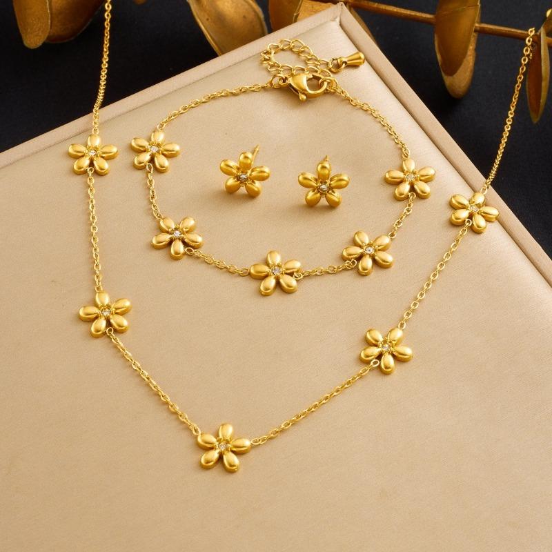 Gold Plated Flower Jewelry Set Necklace Bracelet and Stud Earrings with Crystal Accents