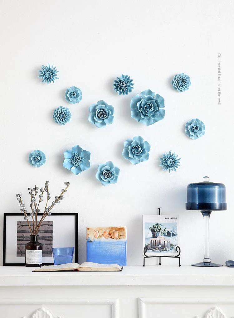 Chinese Blue Peony Rose Ceramic Flower Wall Mural Ornaments Home Livingroom Wall Sticker Decoration Club Hall Store Wall Hanging