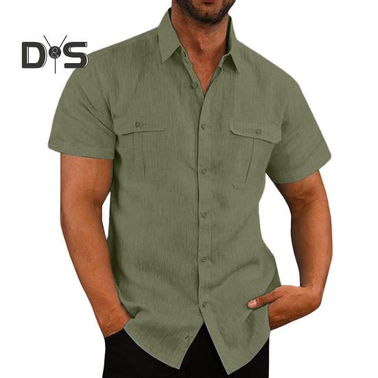 

Весна-осень Мужская рубашка с нагрудными карманами Отложной воротник Застежка на пуговицы Короткий рукав Однотонный свободный кардиган Повседневная рубашка M армия зеленый
