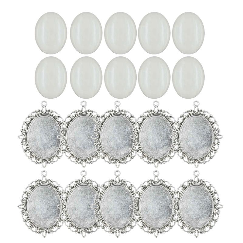 

10 Set Metal Alloy Pendant Trays Oval Bezel Trays DIY Vintage Blank Pendant Bases with Transparent Glass Cabochons 1