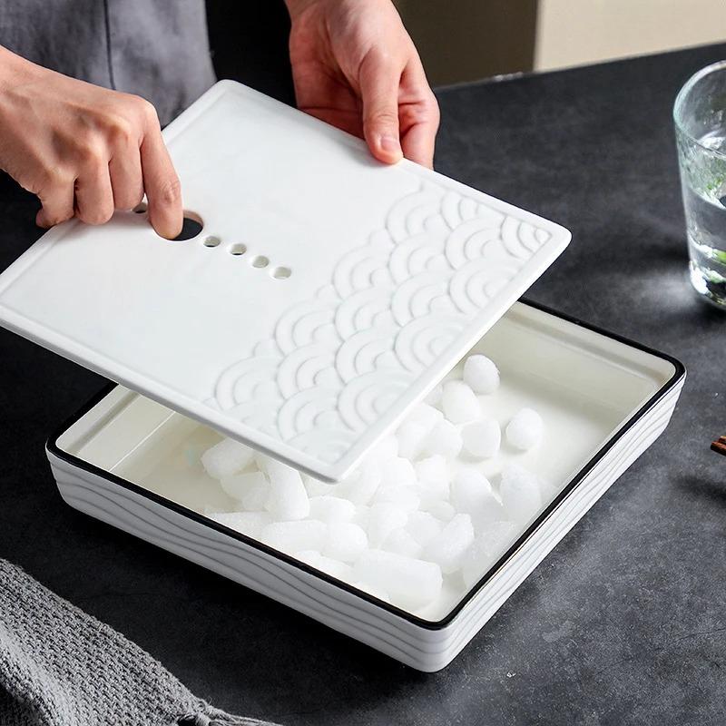 Kreativer Trockeneis-Rauchbehälter Keramik Kalte Platten Tablett Sashimi Trockeneisplatte Geschirr Sushi-Pfanne Charakteristisches Hotelgeschirr