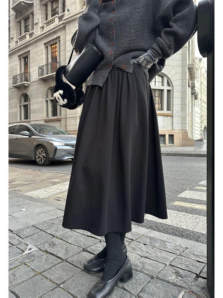 Baisiwang Women's Black High-Waisted A-line Winter Skirt - Slimming, Fluffy, Loose, Mid-Length