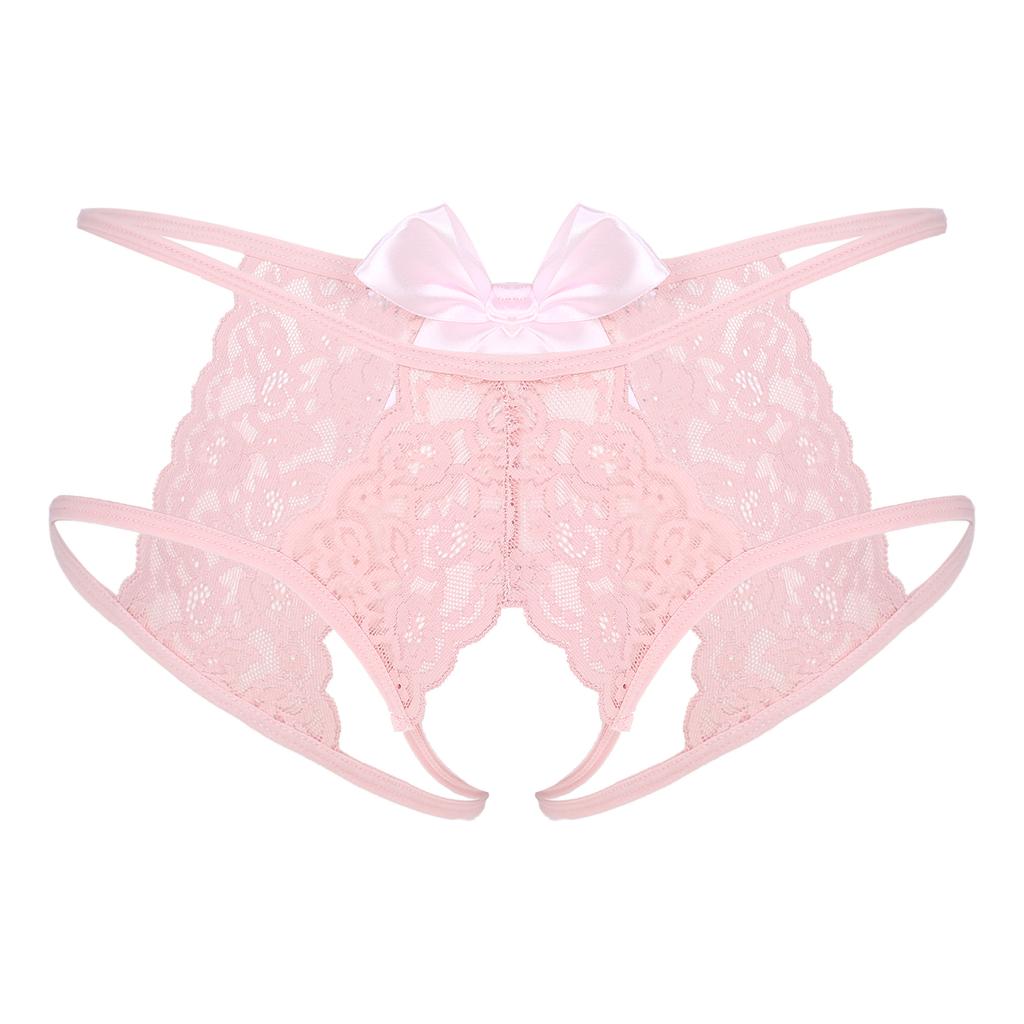 Pánské průsvitné krajkové G-string spodní prádlo se strappy T-back střihem bez rozkroku a mašličkou, dárek na líbánky