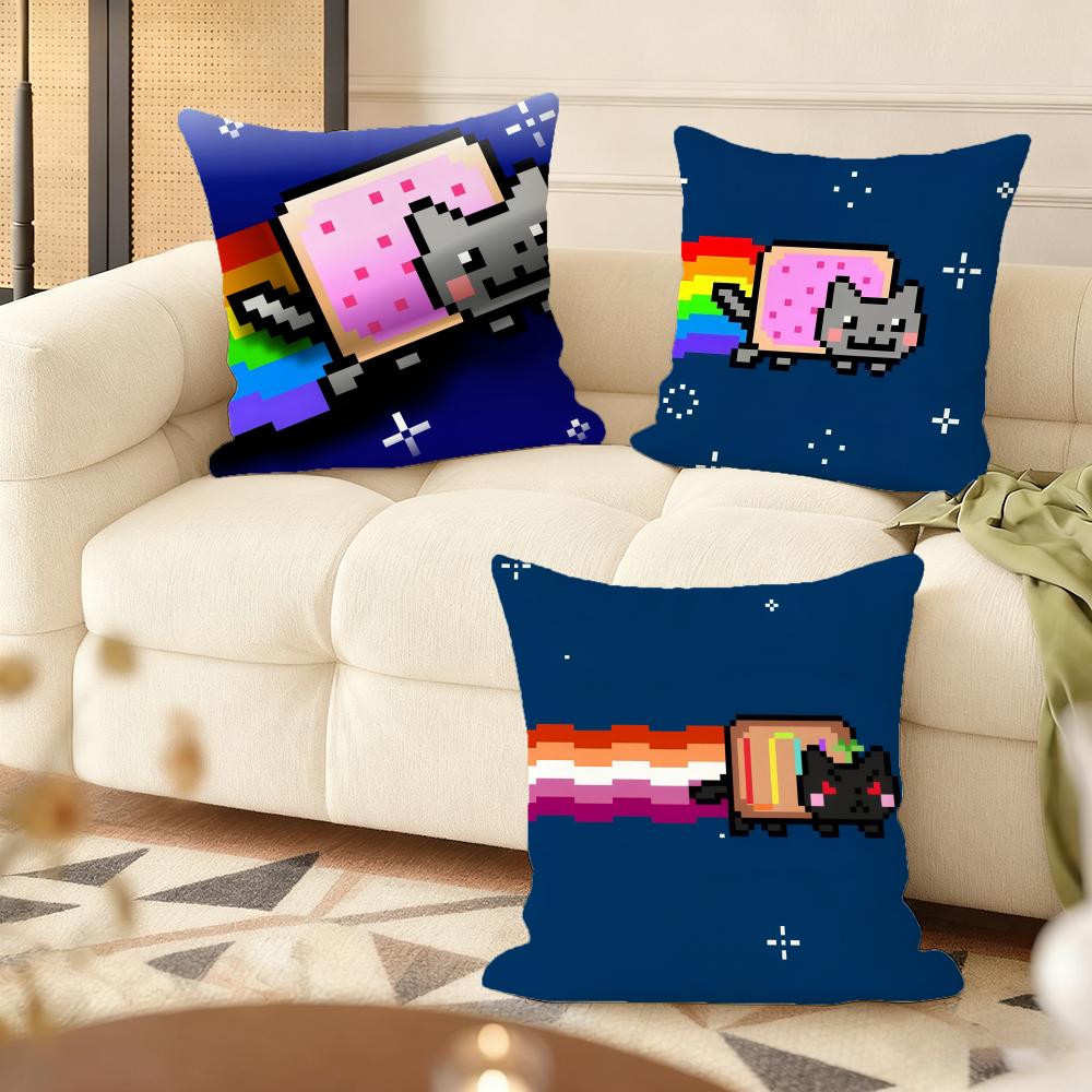 Cartoon Game N-Nyan-C-Cat Cushion Cover Soft Short Plush Pillow Cover Smooth Cozy Texture Aesthetic Cushion Case Home Decor