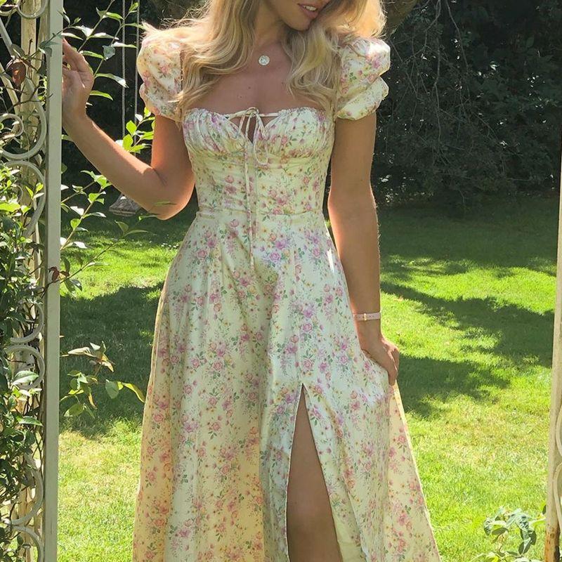 European and American Pastoral Style Sexy Square Collar Lace-up Small Floral Print Slim fit Puff sleeve Temperament High Slit Dress Women