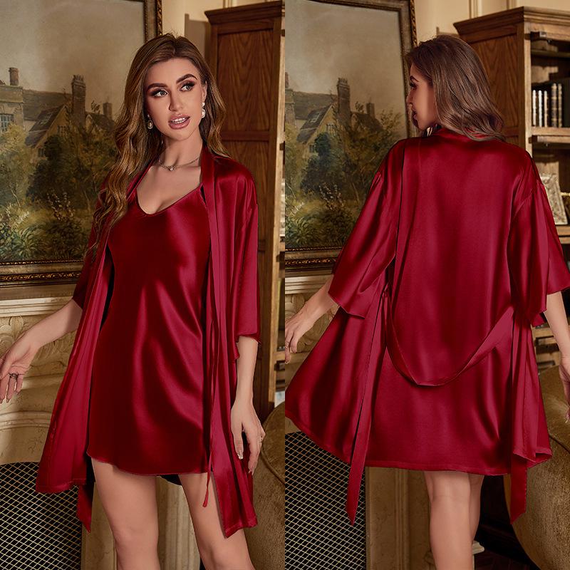 Summer Ice Silk Pajama & Robe Set for Women - Camisole Two-Piece Home Wear.