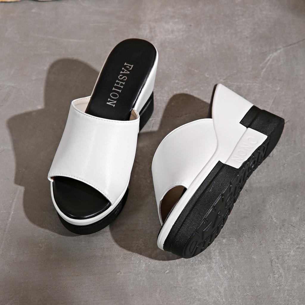 Foreign Trade Large-size Wedge Heel Fish Mouth Sandals 2025 Summer New Thick-soled Heightened One-word Beach Women's Shoes