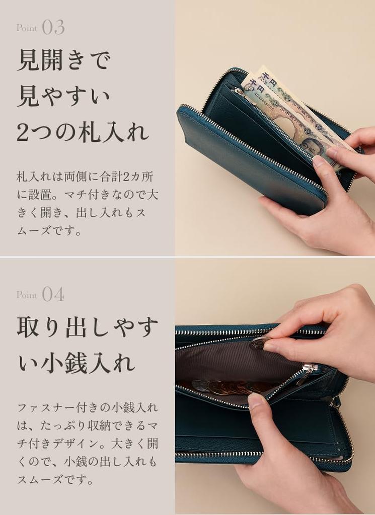 [LIB] Full-Open Zip-Around Long Wallet, Water-Repellent Genuine Cowhide Leather, Unisex, Large Capacity, 21 Pockets, Vertical Card Slots,