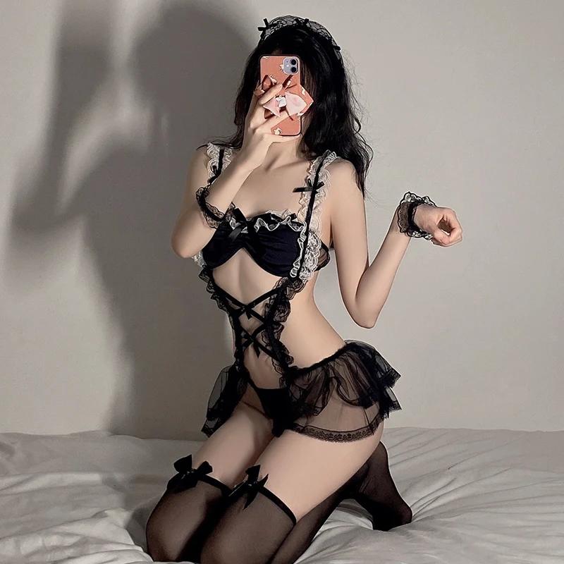 Kawaii Lingerie Sexy Women Sleepwear Cosplay Rabbit Girl Bodysuit Deep V Temptation Pure Bunny Ear Anime Hollow Jumpsuit Uniform