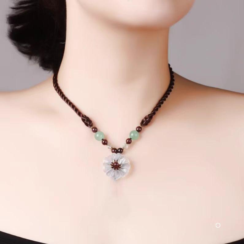GEMCHIC Women s Ethnic Style Glass Flower Pendant Necklace with Braided Rope and Jade Beads Short Clavicle Chain