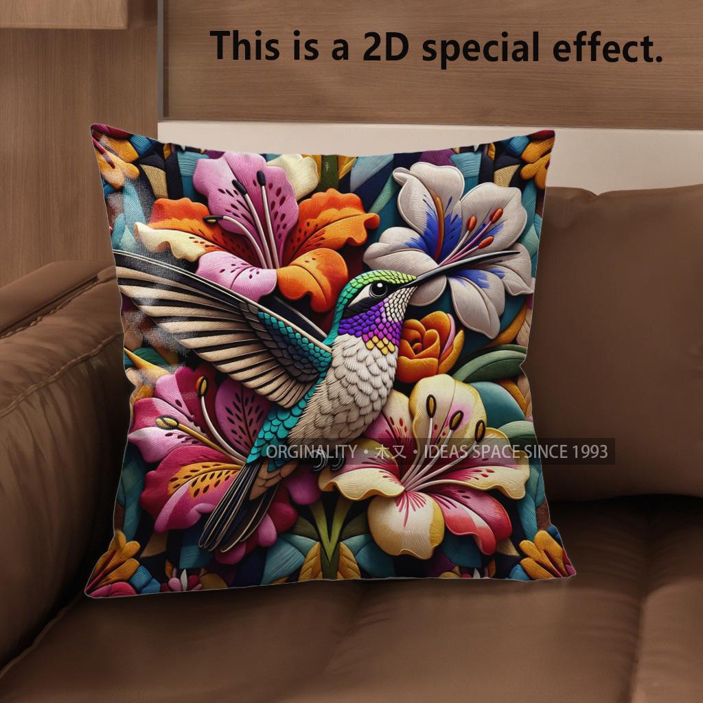 2D Vibrant Hummingbird Floral Throw Pillow Covers** Pattern Cushion Cover Suitable For Sofa Bedroom Car Pillow Cover