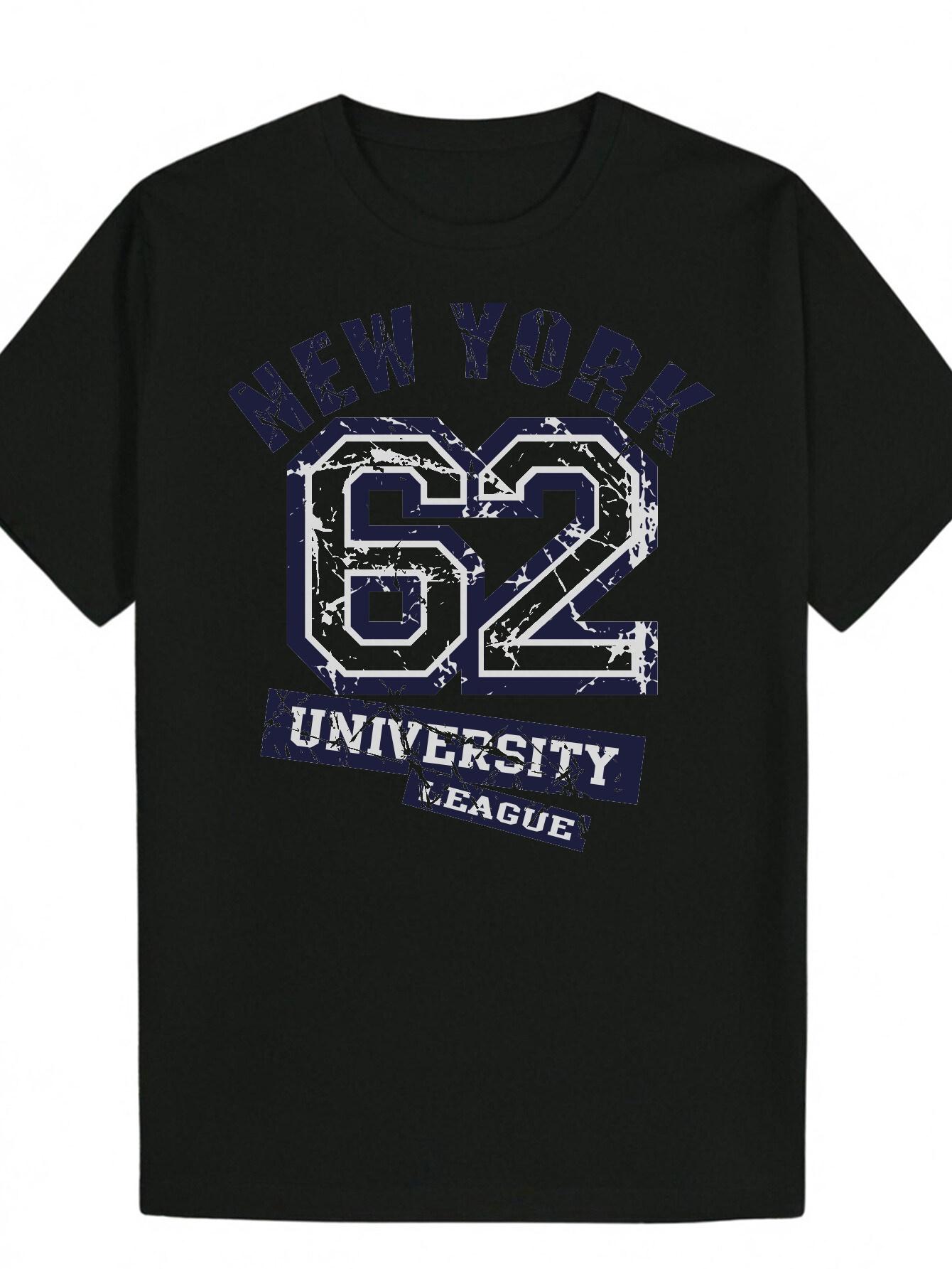 New York 62 University League Graphic T-shirt - Casual Black Polyester Tee with Distressed Blue Lettering S