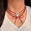 European and American Red Beaded Bow Necklace Light Luxury Niche Design Sense Stacking Wearing Love Pearl Jewelry Necklace
