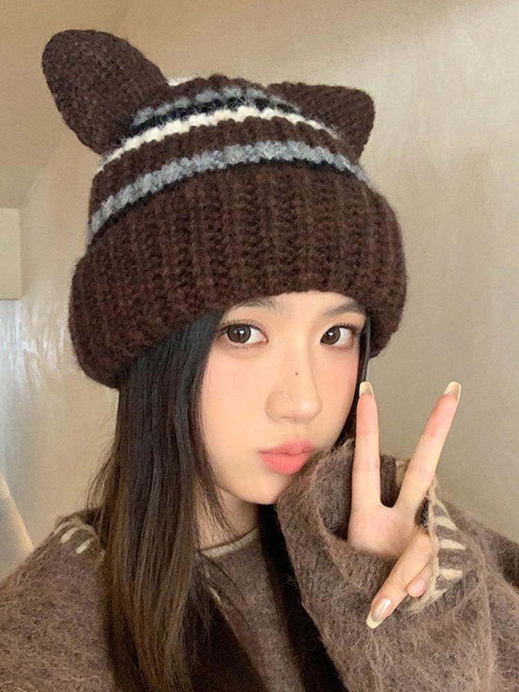 Winter Women Cute Cat Ears Stretchy Hats Fashion Warm Beanie Hat Striped Knitted Handmade Adult Cover Head Caps Casual New