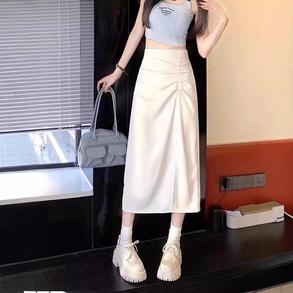 2024 Spring High-Waist Korean Style Slim Midi Skirt with Slit for Women