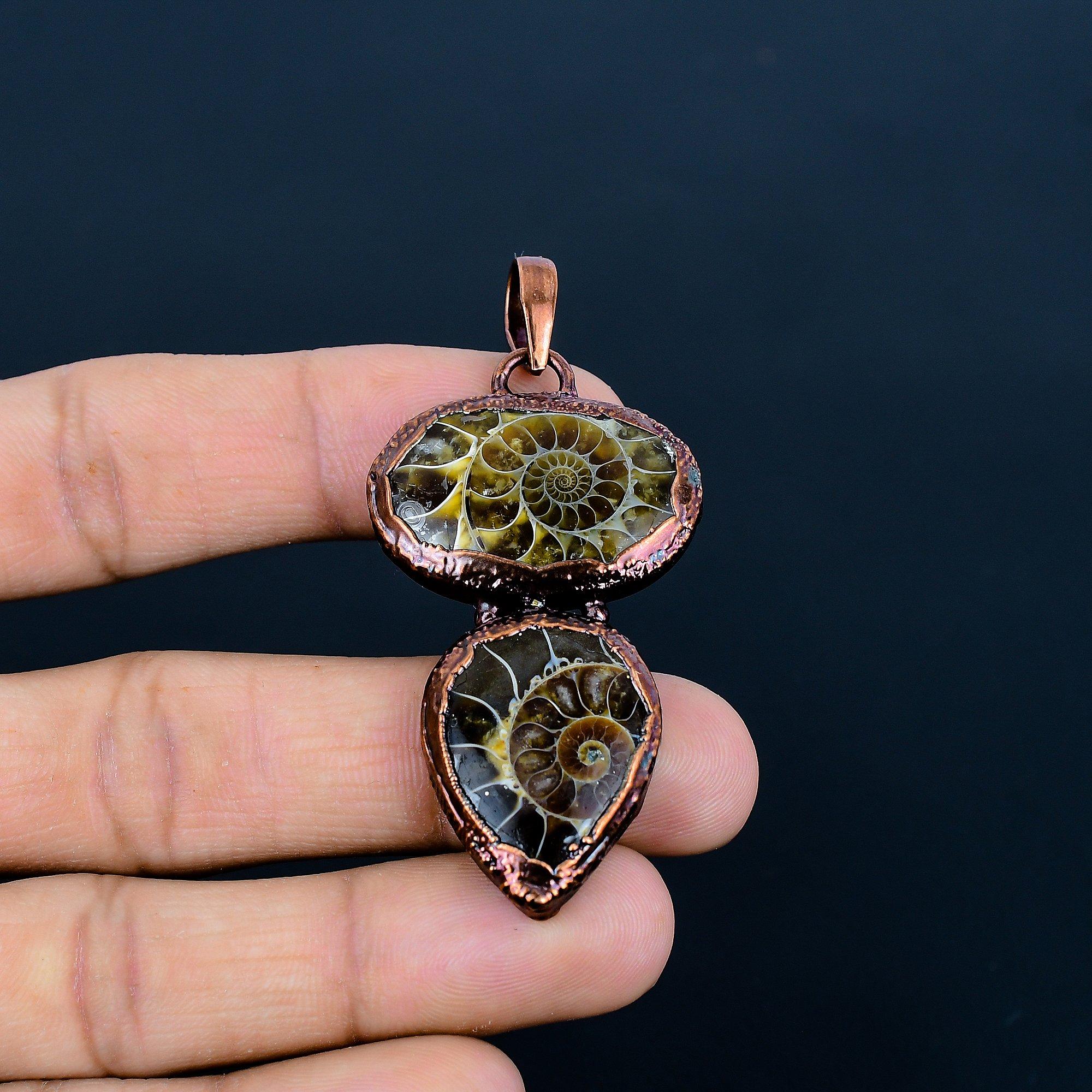 

Ammonite Fossil Copper Electroformed Pendant, Handmade Gemstone Jewelry Pendant For Memorial Day 2.55 Inches