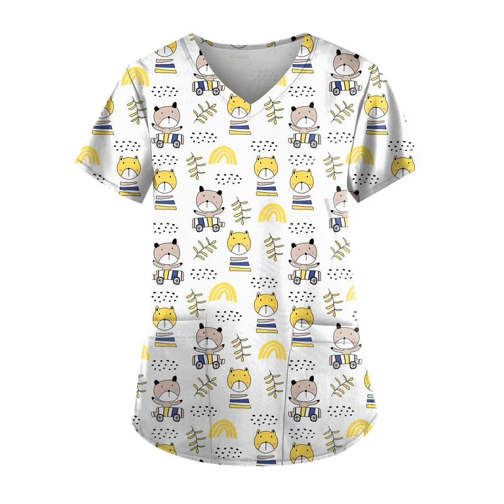 Women's Clothing Cartoon 3D Print V-neck Women's Working Clothes Tops Short Sleeve With Pockets Carers Medical Nurse Uniform