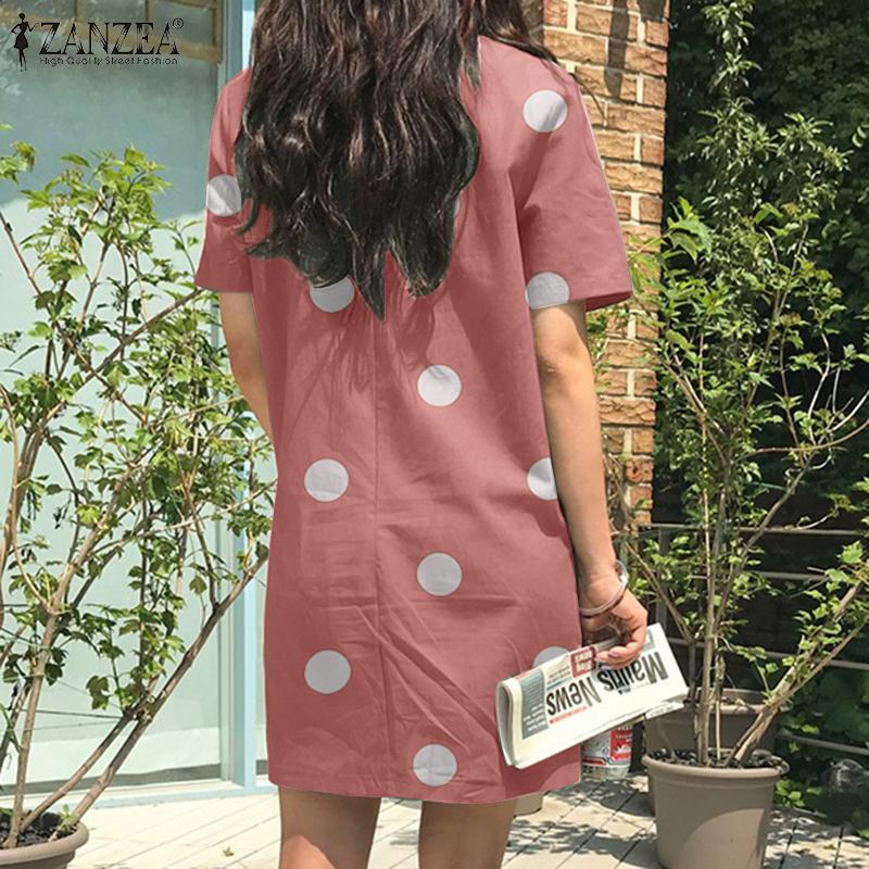 ZANZEA Women Korean Casual Vacation Short Sleeve Polka Dot H-line Dress