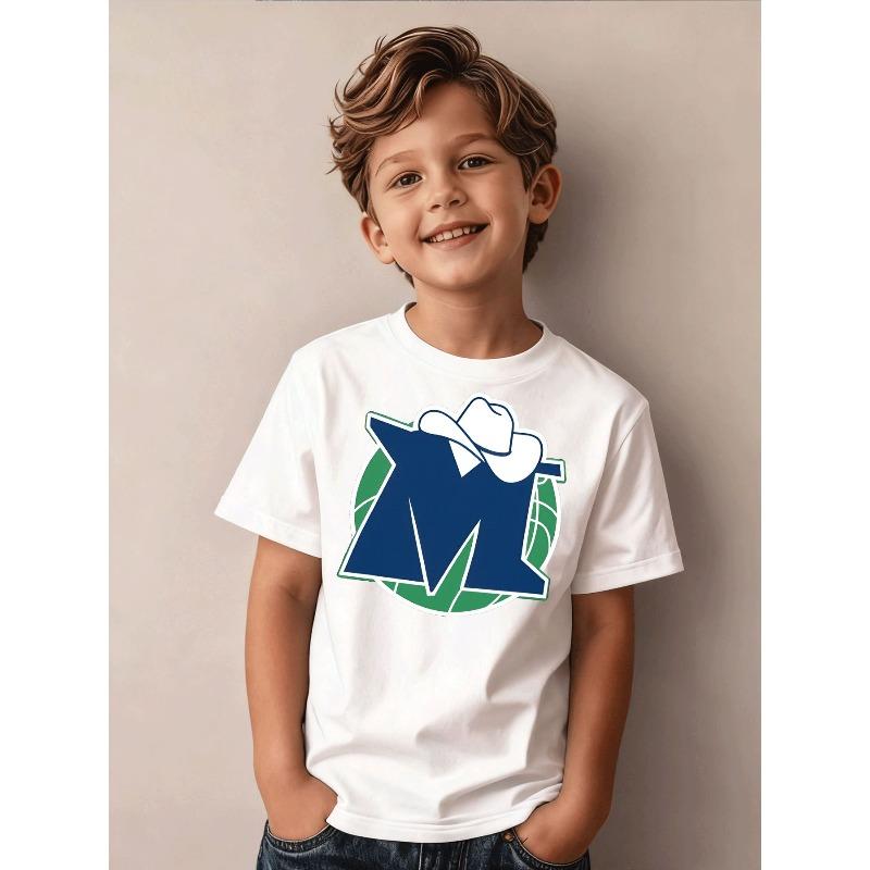 Boys Blue M Cowboy Hat Basketball 2D Print Crewneck Short Sleeve Tee, Holiday Gift 110 белый
