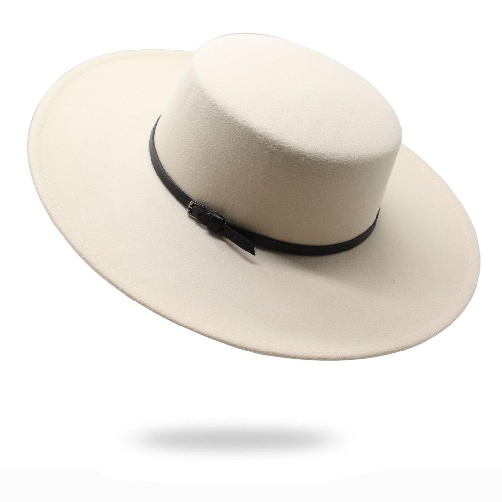 Autumn and winter new flat-top large brim woolen top hat ins wind versatile wool felt hat dame hat cm