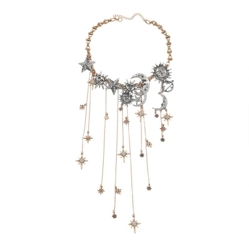 Boho Layered Tassel Pendant Necklace With Moon Star Sun Rhinestone Charm Women Gold Gold