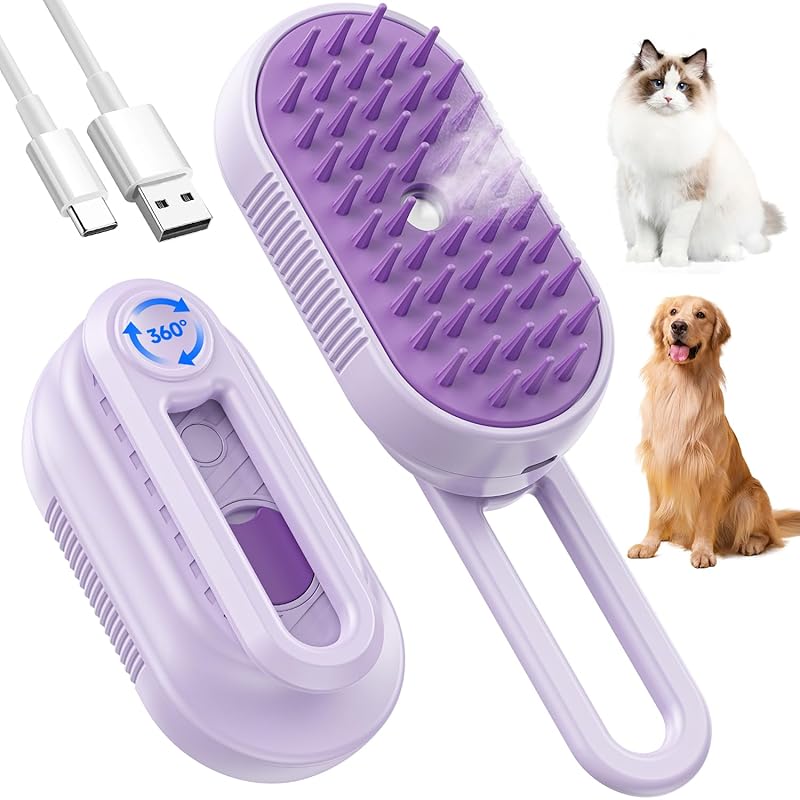 Cat Steam Brush for Shedding, 4 in 1 Rechargeable Steam Brush for Cats and Dogs, Anti-Static, Massage, Cleaning, Shedding & Combing All In One!