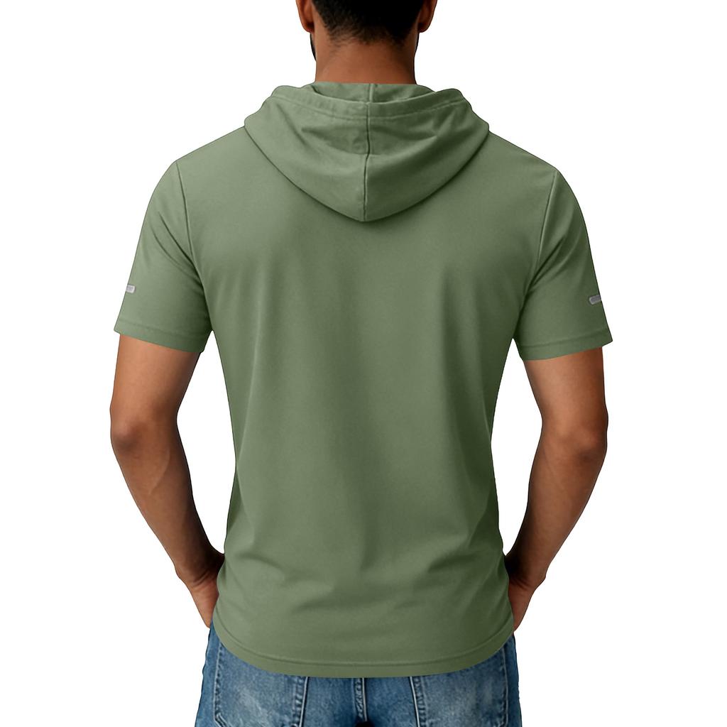 Men Hooded Short Sleeve Pullover with Pocket Lightweight Quick Dry Athletic Top for Casual Sports Outdoor Activities