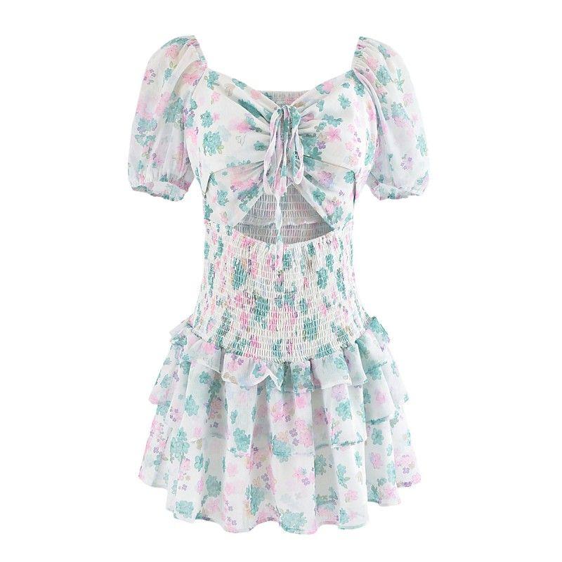 

Sexy Cutout Elastic and Waisted Cake Dress Drawstring Mint Floral(High quality) S