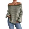 Color Block One-shoulder Striped Lantern Sleeve Sweater - Women's Versatile Loose Knitted Top, European & American Style.