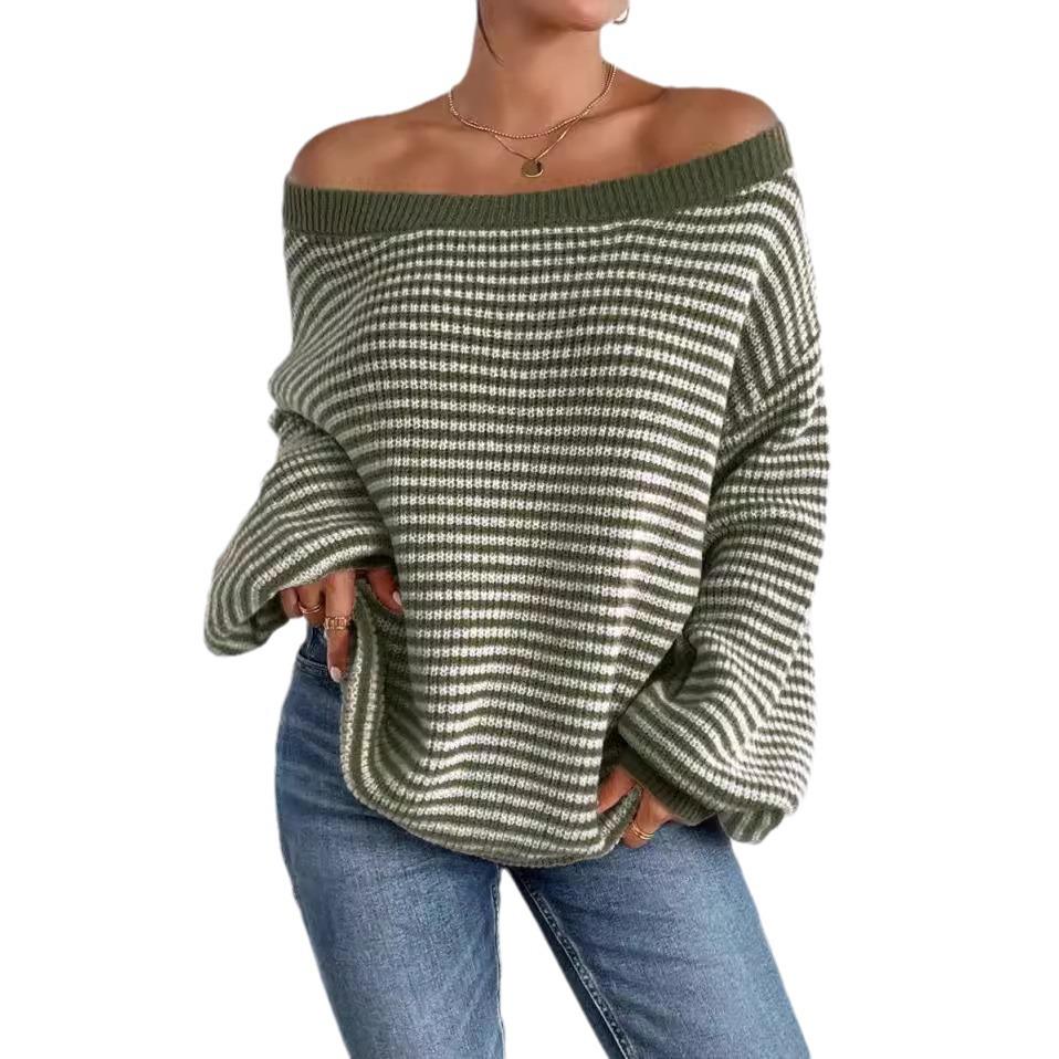 Color Block One-shoulder Striped Lantern Sleeve Sweater - Women's Versatile Loose Knitted Top, European & American Style.