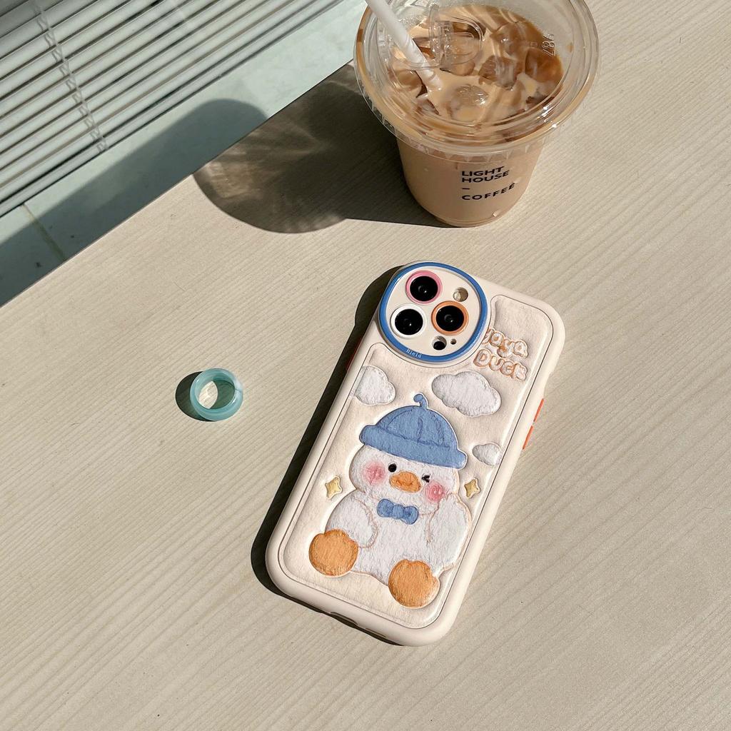 Ins Duck Cute Cloud Stars Leather Relif 3d Cartoon Phone Case For Iphone 13 12 11 Promax 14 Pro Max Plus Lovely Back Cover